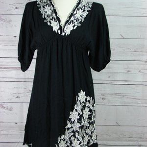 Black W/White Embroidered Floral Dress Tunic Top S